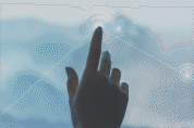Hand pointing at digital transformation city visualization